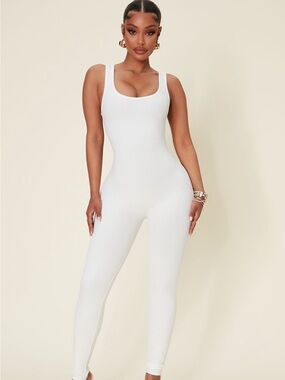 Fashion Nova White Ribbed Scoop Jumpsuit